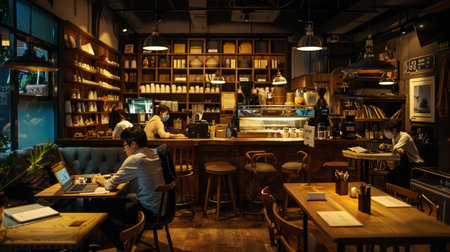 Coffee shop interior with people working in a coffee shop.の素材