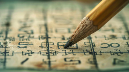Close-up of a pencil on an old map. Selective focus.の素材