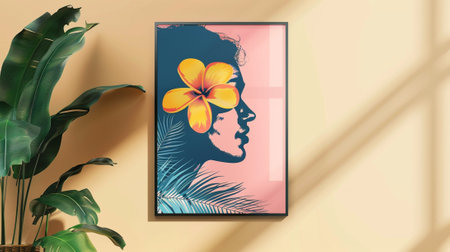 Poster with tropical flowers and man face. Minimal concept.の素材