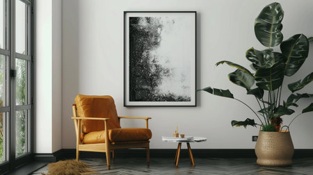 interior with yellow armchair and plant, 3d render illustrationの素材