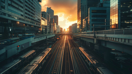 Train tracks in the city at sunset. Tokyo, Japan. 3d renderingの素材