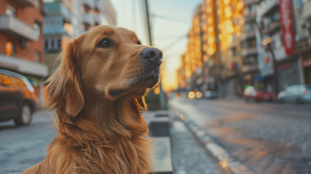 Golden Retriever dog in a city street. Selective focus.の素材
