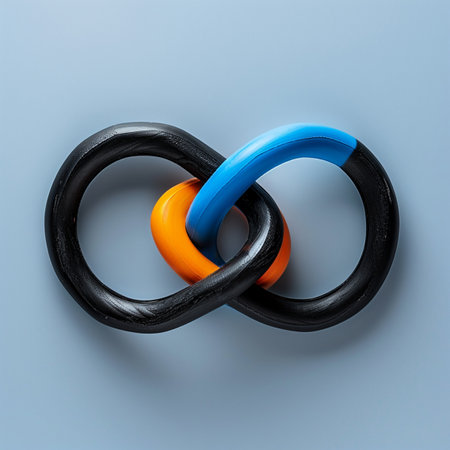 Black and orange twisted rings on blue background. 3d illustration.の素材