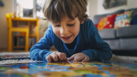 Cute little boy playing with a puzzle at home. Kid having fun with puzzles.の素材