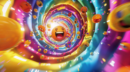 3d illustration of happy emoticon in a tunnel of colorful balloonsの素材