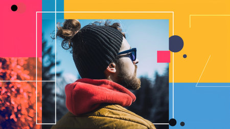 Hipster with sunglasses against composite image of yellow and blue backgroundの素材