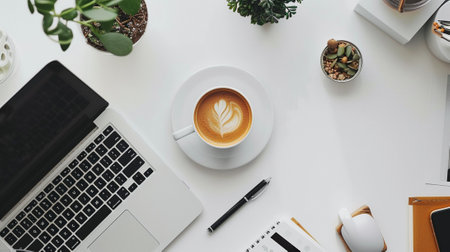 Top view of modern workspace with laptop, coffee cup and decorations on white tableの素材