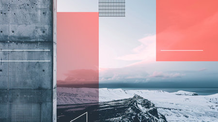 Background image with geometric pattern against view of snowy landscape under blue skyの素材