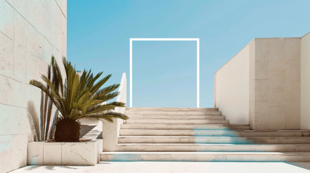 3d rendering of a white marble stairway with a palm tree in the middleの素材