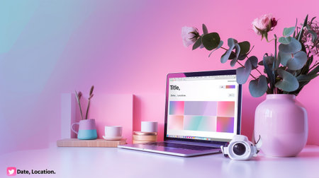 Modern workspace with laptop computer, stationery and eucalyptus on pink backgroundの素材