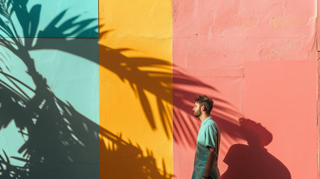 Side view of young man standing against colorful wall with shadow of palm leafの素材