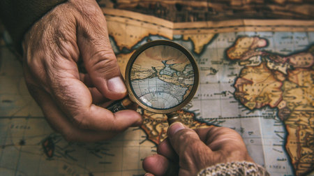 Hands of a man looking through a magnifying glass on a mapの素材