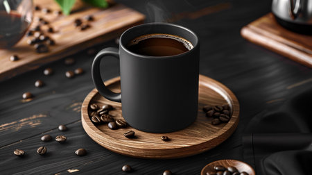 Coffee cup and coffee beans on black wooden table. 3d renderingの素材