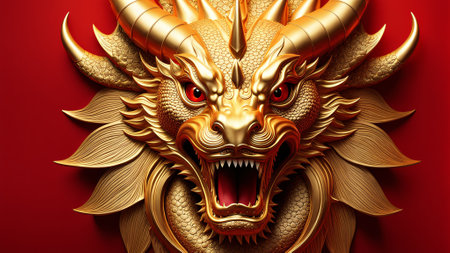 Golden dragon head on a red background. 3d illustration, 3d renderingの素材
