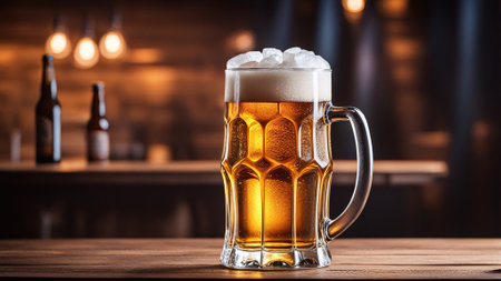 glass of beer on a wooden table in a pub with blurred backgroundの素材