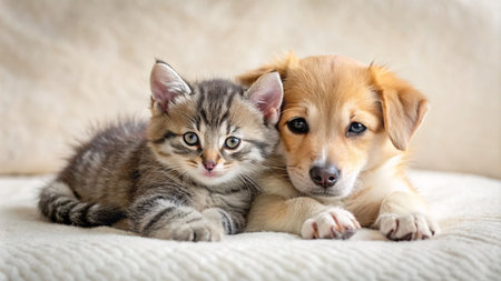 Kitten and dog together on a white background. Selective focus.の素材