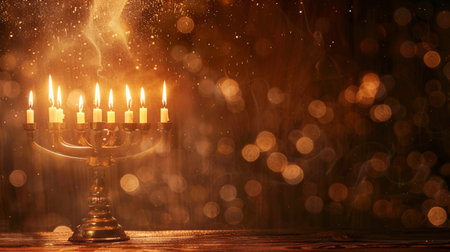 Image of jewish holiday Hanukkah background with menorah (traditional candelabra) and burning candlesの素材