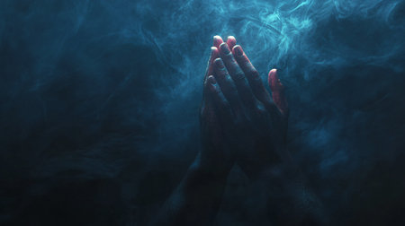 Man praying with hands raised up in blue smoke on a dark backgroundの素材