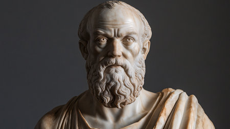 Statue of Roman Emperor Marcus Aurelius on a gray backgroundの素材