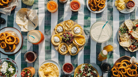 Top view of a variety of snacks on a picnic table. Food conceptの素材
