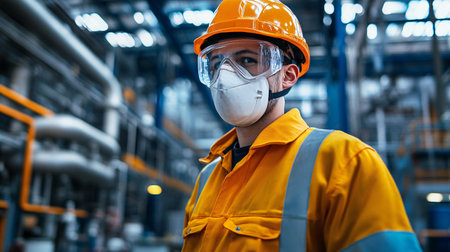 Portrait of Asian male worker wearing safety helmet and mask in industrial factory.の素材