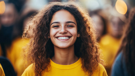Portrait of a beautiful young woman with afro hairstyle in a yellow T-shirt.の素材