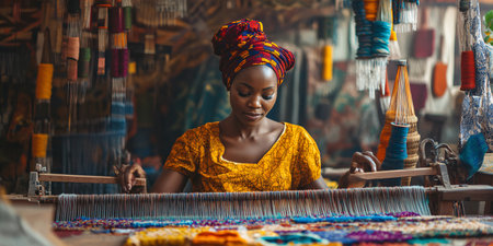 Young african woman weaving traditional silk thread on a loom.の素材