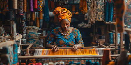 African woman in traditional clothing weaving a thread on a loom.の素材