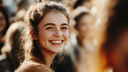 Portrait of a smiling young woman standing in a crowd and looking at camera.の素材