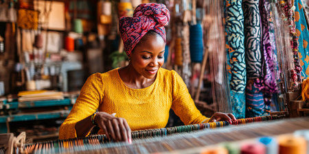 Beautiful african woman in yellow sweater and headscarf working on loomの素材