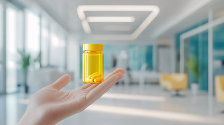 Close up of female doctor hand holding yellow pill bottle. Mixed mediaの素材