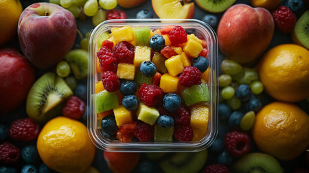 Mixed fruit salad in a plastic container on a dark background.の素材