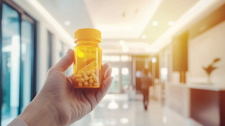 Female doctor hand holding yellow bottle with pills. Pharmacy drugstore concept.の素材