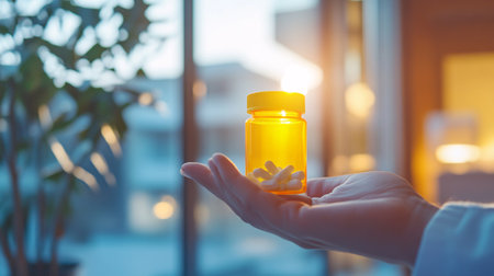 Close up of female hand holding bottle of pills. Focus on foregroundの素材