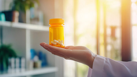 Female doctor hand holding bottle of pills. Focus on foreground. Medicine conceptの素材