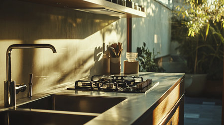 Close up of modern kitchen with sink and faucet in the morningの素材