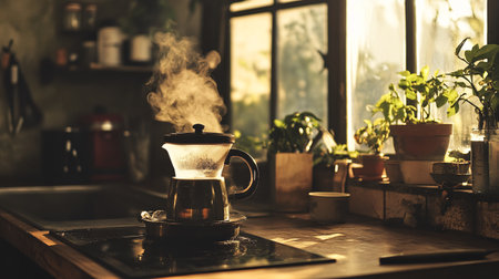 coffee pot with steam on the stove in the kitchen at homeの素材