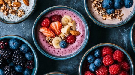 Healthy breakfast bowl. Chia seed pudding with fresh berries, granola and yogurt on dark backgroundの素材