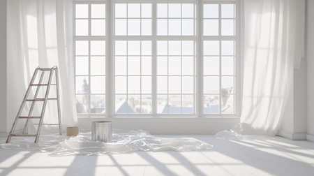 3D rendering of a white room with a ladder and a large windowの素材