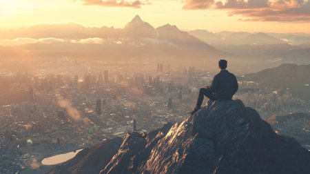 Man sitting on top of a mountain and looking at the city.の素材