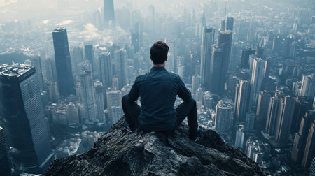 Businessman sitting on the top of a mountain and looking at the cityの素材