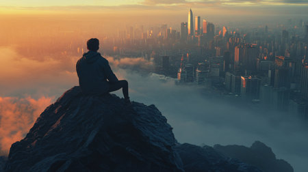Man sitting on top of mountain and looking at the city at sunriseの素材