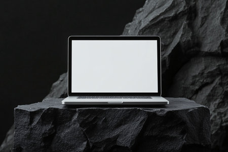 Laptop computer with blank screen on black stone background, clipping pathの素材