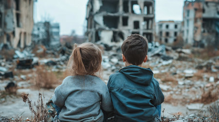 Children, boy and girl, sit on the ruins of an old destroyed buildingの素材