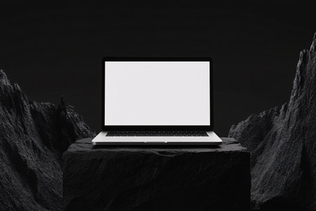 Laptop with blank screen on black stone background. 3d rendering.の素材