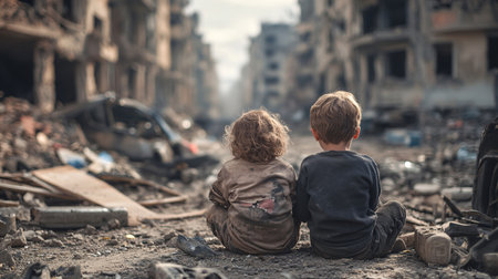 Two little boys sitting on the ground in front of a destroyed buildingの素材