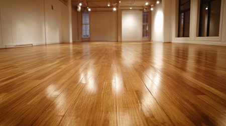 Interior of a modern dance studio with wooden floor and spotlightsの素材