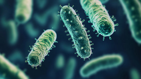These Gram-negative rod-shaped bacteria have a single polar flagellum.They are the cause of cholera, an infection of the small intestine that is transmitted to humans via contaminated food or waterの素材