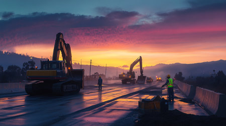 construction workers on a road construction site in the evening at sunsetの素材