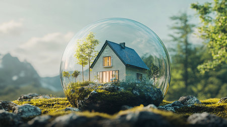 Glass ball with a house inside on green moss in the forest.の素材